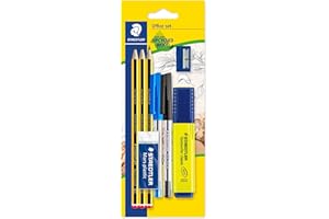 STAEDTLER 60 BK-4 Noris Office Set - Assorted Stationery Pack with 3 Graphite Pencils, 2 Pens, Highlighter, Eraser & Sharpener