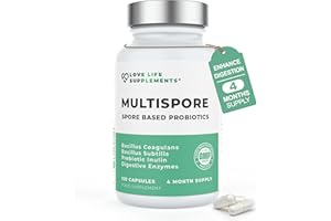 LOVE LIFE SUPPLEMENTS MultiSpore® Plus Probiotics, 4 Month Supply - 120 Capsules, Bacillus Coagulans & Bacillus Subtilis Spore Based Probiotic, Bloating Relief/Gut Health, with Digestive Enzymes & Prebiotic Inulin, UK Made