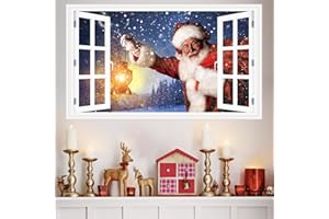 HPNIUB Merry Christmas Wall Decal 3D Santa Claus Wall Sticker Christmas Window Cling,Santa Claus Carrying Gifts Window View Wall Decal for Kids Room Home Party Shop Decorations