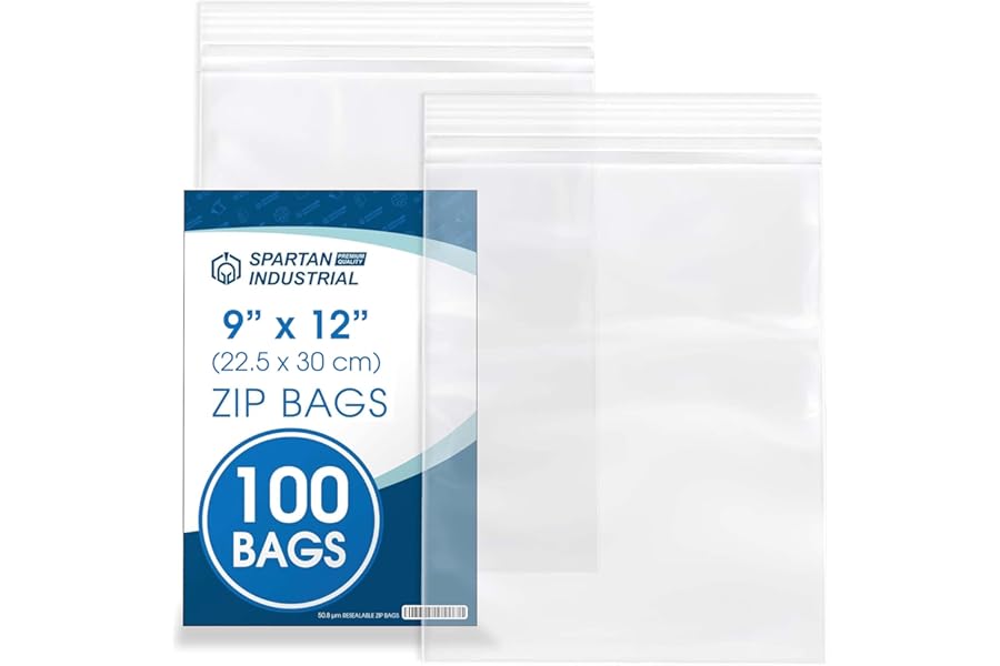Spartan Industrial - 22.5 x 30 cm (9 x 12 in) 100 Count 51 µm (2 Mil) Clear Reclosable Zip Plastic Poly Bags With Resealable Lock Grip Seal