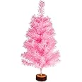 FINGOOO 2ft/60cm Artificial Christmas Tree with Wood Base, Tabletop DIY Xmas Home Indoor Decorations and Gift, Pink