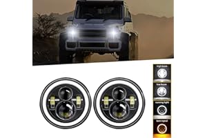 Aumotop 7” Phare Auto Moto LED 4 Modes Phare de Travail H4 LED 140W 14000LM Phare Angel Eyes 6000K Blanc / 3000K Ambré pour 9V-30V Auto Moto Voitures Camion Autobus VUS VTT