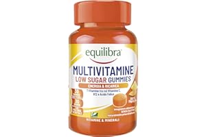 Equilibra, Multivitaminico in Gummies Low Sugar, Pastiglie Gommose, Vegan, Integratore Energia, 7 Vitamine, Vitamina C, B12 e Acido Folico, a Base di Pectina, Senza Glutine, Gusto Tropical, 30 Gummies