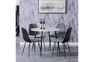 GOLDFAN Marble Dining Table and 4 Chairs Modern Round Kitchen Table and 4 Fabric Padded Chairs Home Office Furniture,White and Grey
