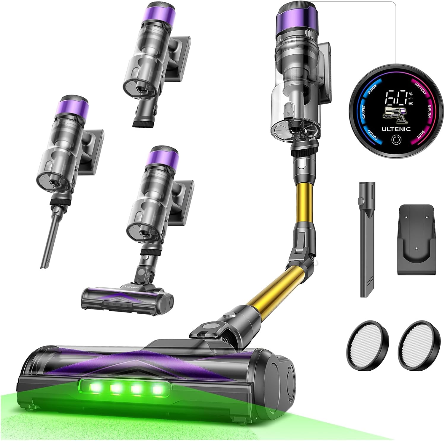 Ultenic U20 Aspiradora sin Cable 55Kpa/55Min, Cepillo Anti-Enredo Mejorado, Aspirador Escoba con Brazo Flexible, Limpieza Ultraprofunda Bajo Muebles sin Agacharse, para Alfombra/Pelo de Mascotas