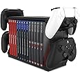 Games Storage Tower (Up to 15 CD Disc) for PS5 Game Disk Rack and Controller Stand Holder for Xbox Series X/Nintendo Switch/PS4 Controller Stand Holder Can Hold up to 4 Controller (Hold up to 15 Disc)