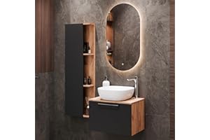 Planetmöbel Astra - Set di mobili da bagno con lavabo da 60 cm, con 1 armadietto laterale, color oro, rovere antracite, 42 cm, bianco