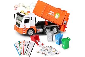 kramow Garbage Truck Toys with Sound and Light,12" Friction-Powered Trash Truck with 4 Trash Bins & Trash Cards, Push and Go, Toy Cars Gifts for Boys Girls Kids 3+ year old, Orange