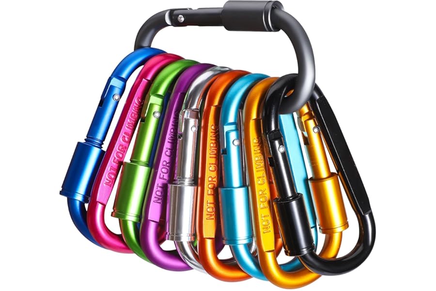 Pack of 10 Carabiner Clip, Caribeana Clips with Screw Lock Aluminium Carabiner Clip Large for Backpack Camping Hiking Fishing Traveling (10 Colours)