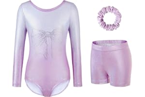 GYMGOING Gymnastics Leotards for Girls - Sparkling Gradient Design, Girls' Three-Piece Sleeve Gymnastics Leotard Set with Shorts for Ballet & Dance
