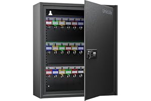 Uniclife Armoire à Clés 60 Positions avec Combinaison et Serrure à Clé Réinitialisable Boîte à Clés Numérique de Sécurité Noire avec Supports Réglables Étiquettes de Clés Colorées et Crochets