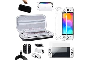 Benazcap Tasche & Schutzfolie für Nintendo Switch OLED, Nintendo Switch Zubehör Bundle mit Tasche,Schutzfolie, Transparent Hülle(Support Station,USB Kabel, Skins für Joy-Con,Joystick-Kappen