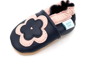 Dotty Fish Soft Leather Baby Shoes. Toddler Shoes. Girls. Non Slip. Navy Shoes with Pink and Navy Flower. 18-24 Months (6.5 UK Child)