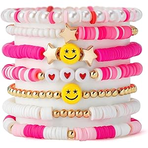 Shining Diva Fashion 7Pcs Combo Latest Stylish Beach Surfer Bracelets Set | Colorful Preppy Heishi Bracelet | Multilayer Boho Happy Smile Heart Star Stretch Beaded Bracelets | Evil Eye Stackable Beaded Bracelets | Y2K Pearl Bracelets Set for Women Girls T
