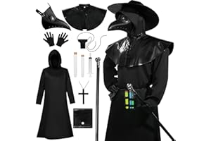 Forfamy Disfraz de Médico Negro para Adultos, Disfraz de Halloween Cosplay, Capa con Capucha de Halloween, Máscara, Cetro, Guantes Carnaval Halloween Cosplay