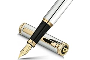BEILUNER Stylo Plume Argent Chrome (Pointe Fine) à Plaque Or 24K, Convertisseur Inclus, Cadeau Élégant pour Diplôme