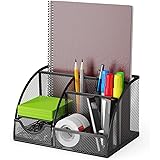 Portaoggetti da scrivania e portapenne con cassetto e 6 scomparti in rete metallica nero. Organizzatore per scrivania che ris