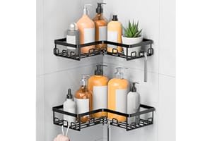 Kegii Corner Shower Caddy - Adhesive Shower Shelf Organiser No Drill Black Bathroom Corner Caddy Bath Organiser with Hooks for Sponge, Razor, Maximised Storage Space