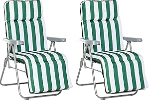 Outsunny 2 Pieces Outdoor Sun Lounger Set with Cushions, Patio Folding 5-Level Adjustable Backrest Recliner Chairs Set of 2 with High Backrest and Armrests, Green & White