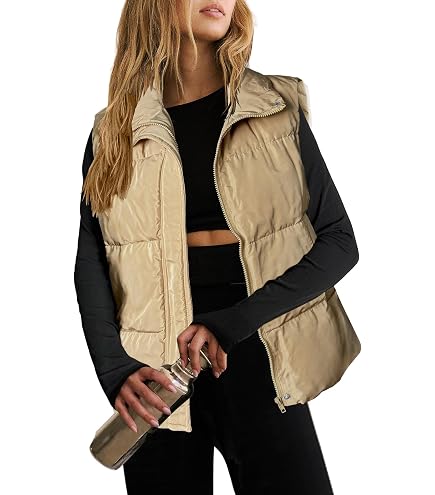 Doudoune sans manches pour femme avec fermeture éclair et col montant - Gilet matelassé léger avec capuche, 01#kaki, TT-Grand