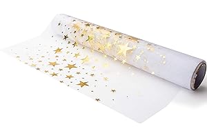 100%Mosel Bieżnik na stół z organzy, złote / metaliczne gwiazdy (28 cm x 5 m), przezroczysty bieżnik, elegancka dekoracja stołu na Boże Narodzenie i Adwent, dekoracja świąteczna na specjalne okazje
