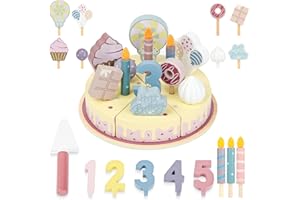 Ainiv Juguete de Madera para Tarta de Cumpleaños, Comida Juguete Cocinita con Velas Extraíbles y Elementos Decorativos, Juego de Fiesta de Té con Pastel Falso para 3 Años O Más Niños (Rosa)