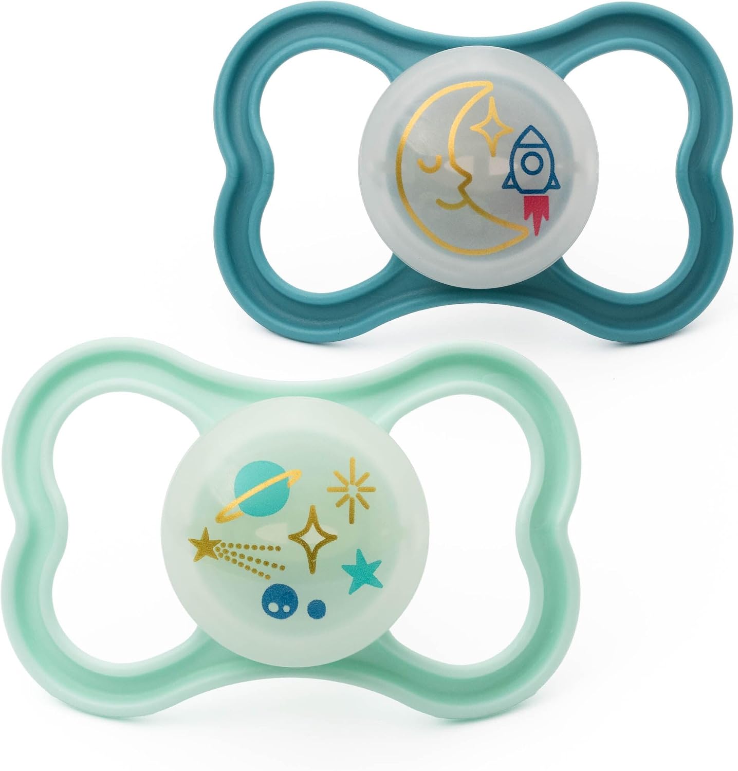 MAM Air Night Soothers | 6-18 Months | 2 Pack | Glow in The Dark Dummies | Comes in Dummy Steriliser Case | Baby Accessories | Blue (Various Designs)