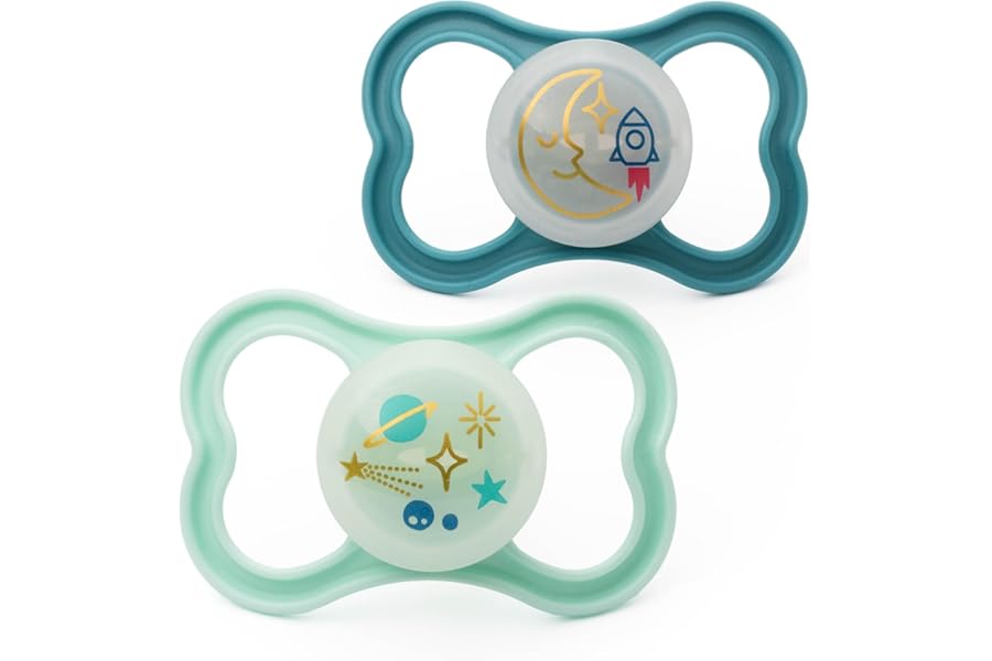 MAM Air Night Soothers | 6-18 Months | 2 Pack | Glow in The Dark Dummies | Comes in Dummy Steriliser Case | Baby Accessories | Blue (Various Designs)