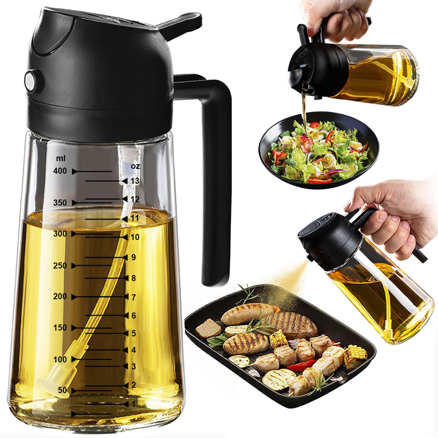 TrendPlain Spruzzino Olio per Friggitrice Aria 470ml, Dosatore Olio 2 in 1, Oliera Spray per Cucina, Insalata e Aceto, Accessori Cucina senza BPA (Nero)