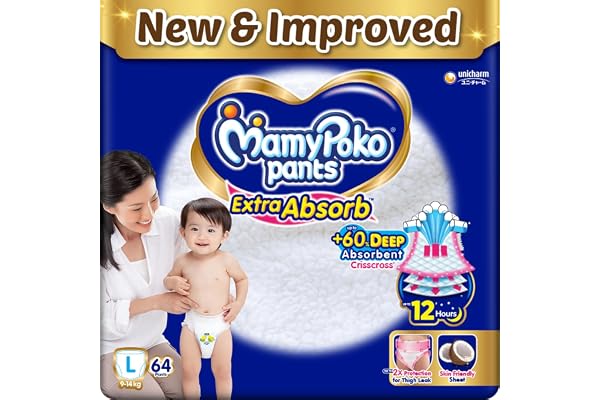 MamyPoko Pants Extra Absorb Baby Diapers, Large (L size) 9-14 kg 64 Count Deep Sleep Diapers Soft gentle fit Deep Absorbent Crisscross skin friendly with coconut oil