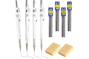 CRESZZLE Zestaw ołówków mechanicznych: 4 ołówki 0,3 0,5 0,7 0,9 mm z 8 puszkami wkładów do ołówków HB i 2 gumkami, idealne do pisania, inżynierii, rysowania i szkicowania.