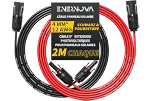 ENERNOVA Câble Solaire 4mm²/6mm², Câble Panneau Solaire 1/2/3/5/8/10/12/15/18/20M, IP67 Câble Solaire, Câble d'extension de Câble Solaire avec Connecteurs Mâles et Femelles pour Panneau Solaire(4mm² 2M)