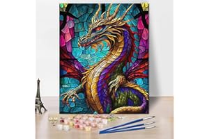 TISHIRON Dragon Paint by Numbers Kit for Adults, Stained Glass Window Dragon Paint by Numbers, Glass Colorful Paint by Numbers Kit Beginner Abstract Artwork Wall Decor Oil Painting, 16"x 20" Without Frame