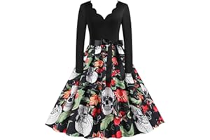 HAOLEI Halloween Dress Women Pumpkin Skeleton Dress Long Sleeve A Line Swing Dress Black Vintage Skull Witch Print Rockabilly Party Cocktail Dresses Ladies Halloween Costume