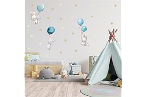YABADUU Adesivo da parete animali ad acquerello sticker da muro per camera dei bambini con nome desiderato decorazione per ragazzi ragazze Y037 (Non personalizzato, 05 Conigli blu)