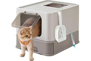 Feandrea Bac à Litière Fermé, Maison de Toilette, Plateau Amovible, Pelle, Brosse, pour Grand Chat, Capacité de Charge 15 kg, Anti-Traces, Anti-fuites, Gris Clair et Gris Foncé PPT001G01