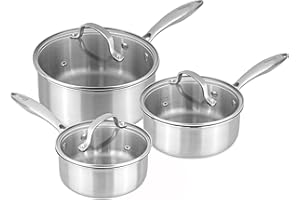 Stainless Steel Saucepan Set – Non Stick Cooking Pots – Tri-Ply Stainless Steel Pot Suitable for All Hobs – 6pcs 16.7cm, 18.7cm & 20.9cm (3 Pots + 3 Lids) – by Nuovva