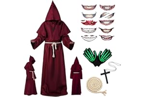 Ligtmor Halloween Kostüm Herren, Mönch Kostüm Priester Gewand mit Kapuze Mittelalterliche Kapuze Herren Männer Mönchskutte für Halloween Party Cosplay(Schwarz, Rot)