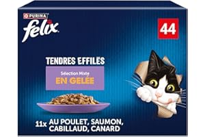 FELIX | Tendres Effilés | En Gelée | Chat Adulte | Recette 100% Complète et Equilibrée | Sélection au Saumon, Poulet, Canard et Cabillaud | Sachets Fraîcheurs | Boîte de 44 x 85g