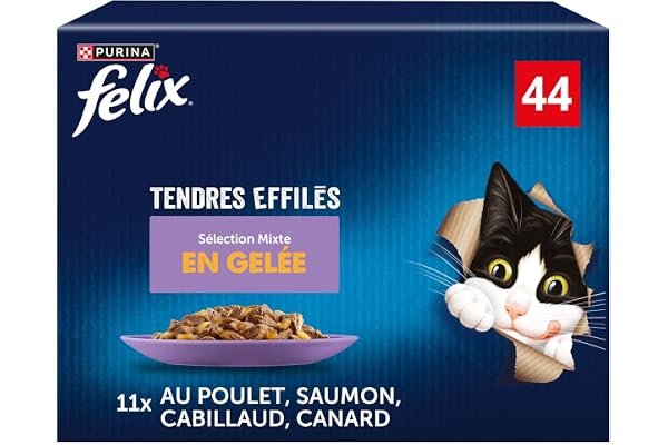 FELIX | Tendres Effilés | En Gelée | Chat Adulte | Recette 100% Complète et Equilibrée | Sélection au Saumon, Poulet, Canard et Cabillaud | Sachets Fraîcheurs | Boîte de 44 x 85g