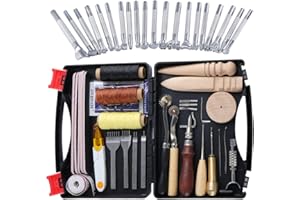 Ekalee 50 Stücke Leder Werkzeuge und Zubehör Set, Leder DIY Set, Leder Werkzeug Set mit Aufbewahrungsbox, Leder Groover Leder Stempel Perfekt für Leder Handwerk Nähen Schneiden DIY