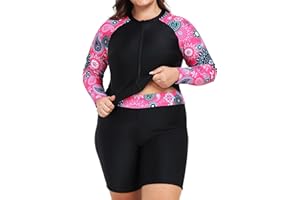 Owntop Womens Plus Size Rash Guard | 2-Piece UPF 50+ Swim Shirt | Long Sleeve Zipper Rashguard Shirts & High Waist Boyshorts | Quick-Dry Swimwear Swimsuits | Swimming Surfing