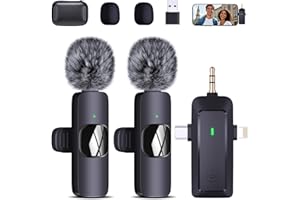 QINOJA Wireless Lavalier Mikrofon für iPhone/Handy/Kamera/Computer - 4 in 1 Ansteckmikrofon Kabellos mit Popschutz Windschutz für Videoaufzeichnung, Live-Streaming, Vlog, TikTok