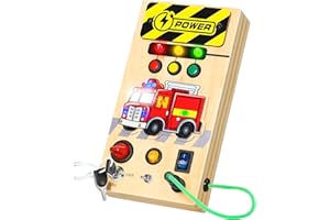 Ophy Montessori Busy Board pour bébés, Jouet éducatif sensoriel Thème du Camion de Pompiers, Jouet en Bois avec 9 Interrupteurs Lumineux LED, Jeux Educatif Cadeau Enfant 1 2 3 4 Ans Cadeaux