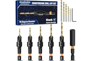 SHENGBENHAO Countersink Drill Bit Set, 12 PCS Counter Sink Drill Bits for Wood, #4, #6, #8, #10, #12, Magnetic Extension Adjustable bit Holder for Woodworking(1/4" Hex Shank)
