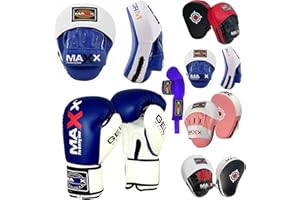 MAXX PRO BOXING GEAR Maxx BOXING GLOVES & LEATHER CURVED FOCUS PADS WITH FREE HAND WRAP MMA Boxing MULTI COLORS