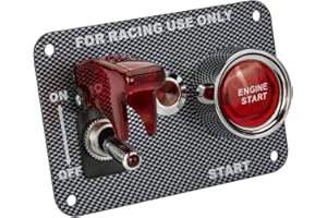 Jtron commutateur de voiture de course 12V 20A Interrupteur à bascule et 50 A Interrupteur d'allumage Panneau Panneau en fibre de carbone indicateur rouge avec fils, Vis