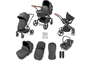 Ickle Bubba Stomp Urban 3-in-1 Travel System & Astral Car Seat – Birth to 22kgs (approx. 4 Years), Lightweight City Pram, Carrycot & Seat Unit, Compact Fold, UPF 50+ Hood & Accessories (Charcoal Grey)