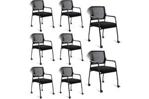 KLASIKA Waiting Room Chairs with Wheels, Adjustable Mesh Backrest, Office Reception Chairs with Ergonomic Lumbar Support and Thickened Seat Cushion, for Conference Guest Reception Church, Black 8 PACK