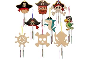 WEDNOK 9 Stück Piraten Windspiel Bastelset Kinder Piratenschatz Holz Klangspiel Basteln Piratenhut Bastelhandwerk zum Bemalen Kreativsets für Mädchen Junge Kindergeburtstag Meer Schatzsuche Spiele